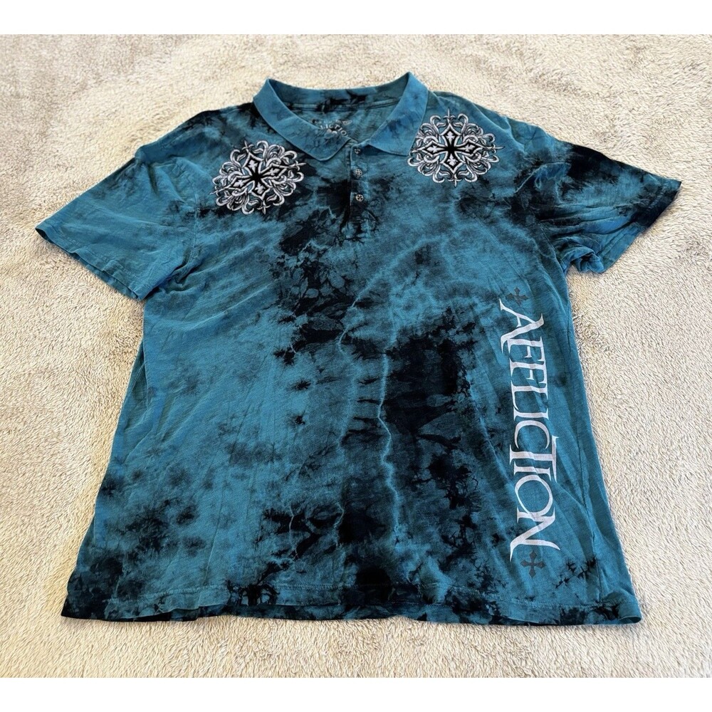 Affliction Blue Tie Dye Live Fast Cross Short Sleeve Polo Shirt Mens Size 3XL